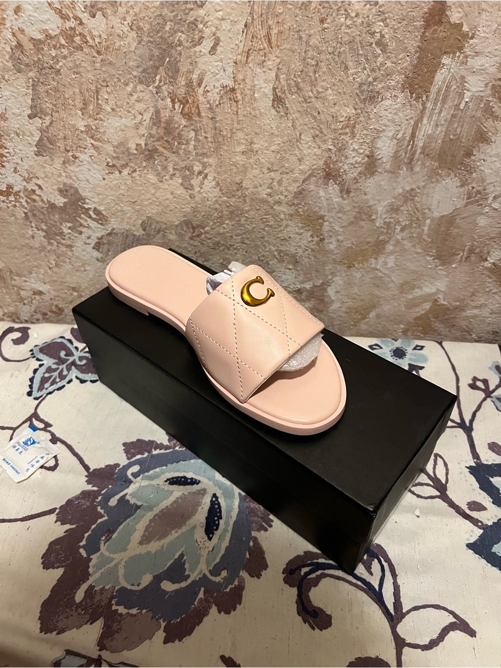 Quilted Pink Leather coach  Slide Sandals with Gold Accent - Picture 2 of 4